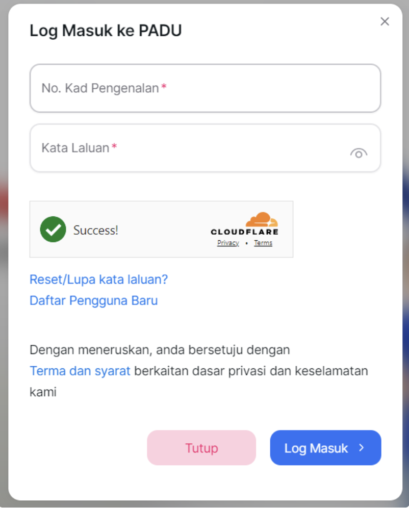 The official login page of PADU’s website